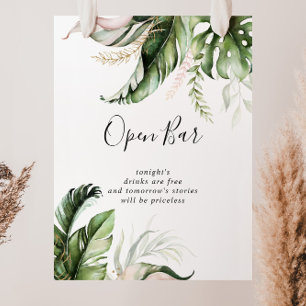 Gold Tropical Greenery Wedding Open Bar Sign