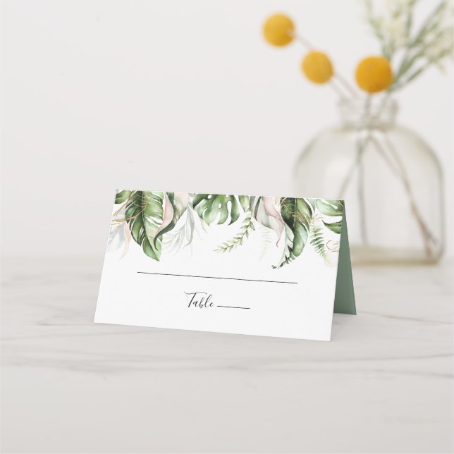 Gold Tropical Greenery Wedding Place Card (Front)