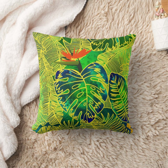 Gold Tropical Jungle Green Leaves Watercolor Cushion (Blanket)