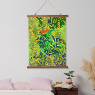 Gold Tropical Jungle Green Leaves Watercolor Hanging Tapestry