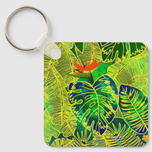 Gold Tropical Jungle Green Leaves Watercolor Key Ring