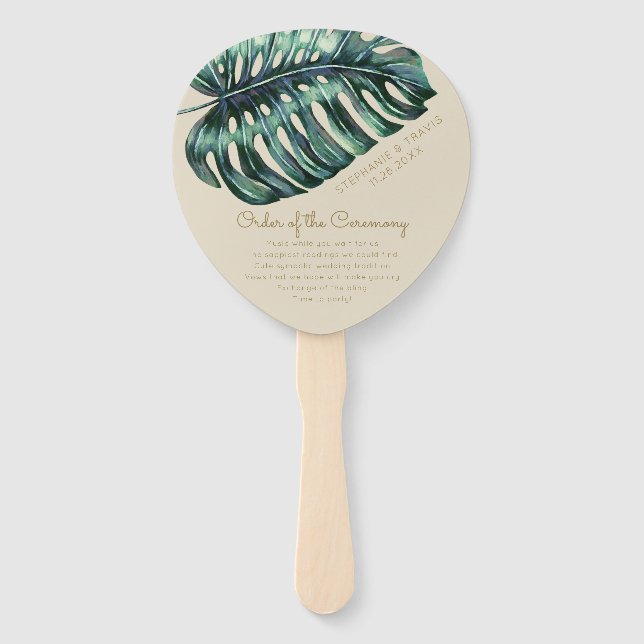 Gold Tropical Leaf Monstera Palm Wedding Program Hand Fan (Front)