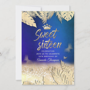 Gold tropical leaves glitter butterfly tiara invitation