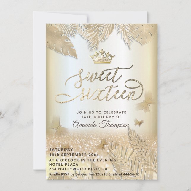 Gold tropical leaves glitter butterfly tiara  invitation (Front)