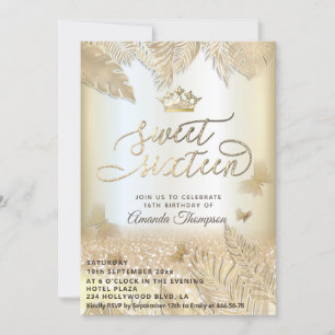 Gold tropical leaves glitter butterfly tiara  invitation