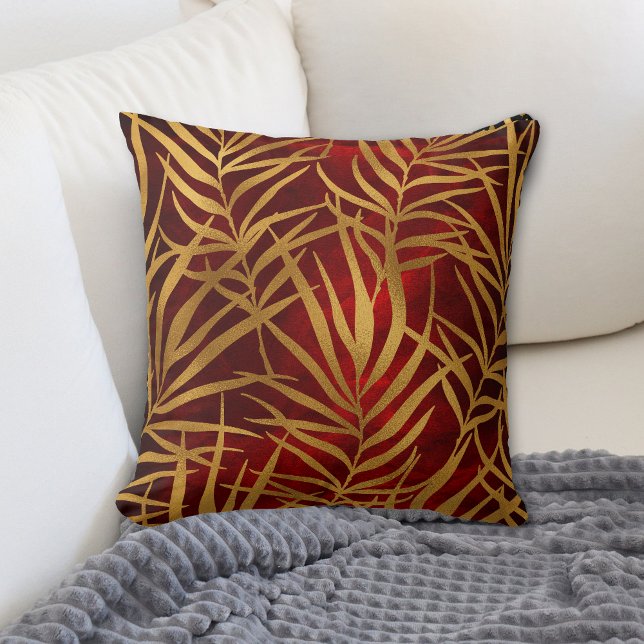 Gold Tropical Leaves on Burgundy Red Cushion (Creator Uploaded)