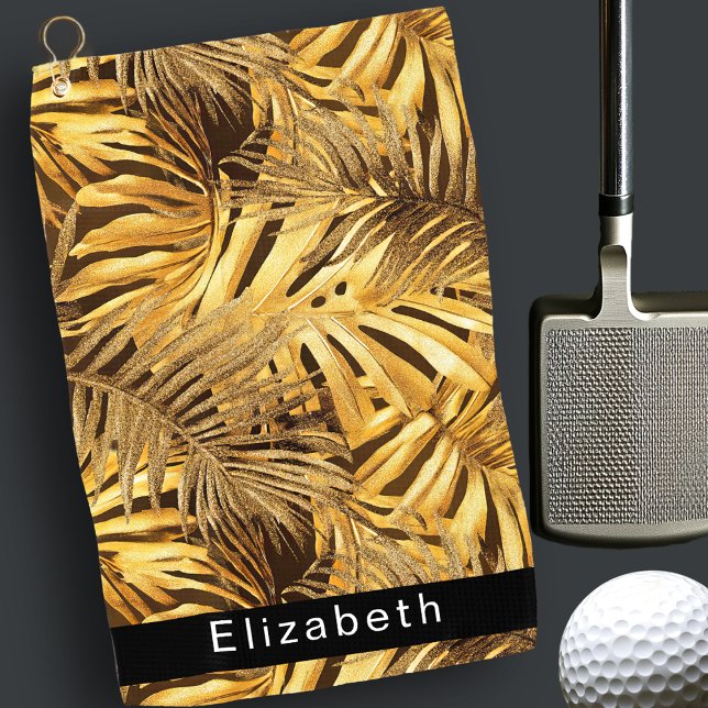 Gold Tropical Leaves Personalised Golf Towel (Creator Uploaded)