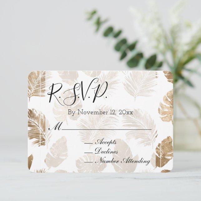 Gold Tropical Leaves Wedding RSVP Enclosure Card (Standing Front)