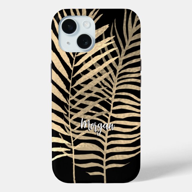Gold Tropical Leaves, White Script Name on Black Case-Mate iPhone Case (Back)