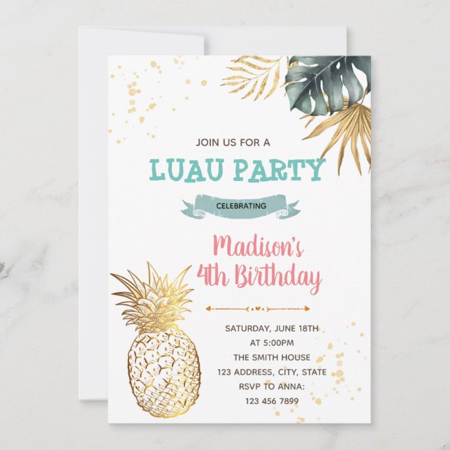 Gold tropical luau birthday theme invitation (Front)