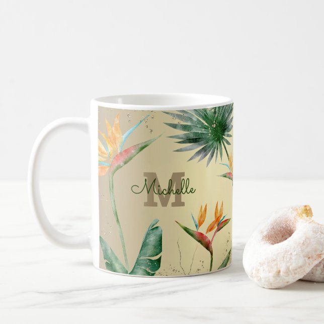 Gold Tropical Palm Foliage Floral Monogram Script Coffee Mug (With Donut)