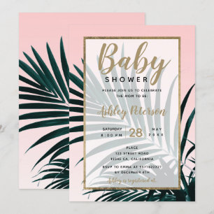 Gold tropical palm tree leaf baby shower invitation