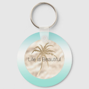 Gold Tropical Palm Tree Mint Aqua Ombre            Key Ring
