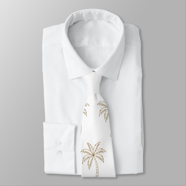Gold  Tropical Palm White background Wedding Tie (Tied)