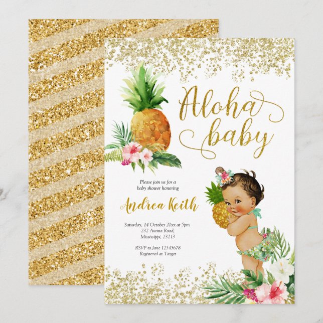 Gold Tropical Pineapple Girl Baby Shower Invitatio Invitation (Front/Back)