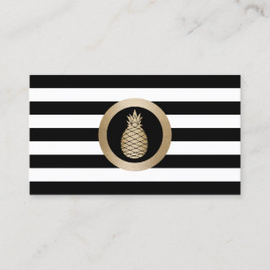 Gold Tropical Pineapple Modern Black White Stripes Business Card