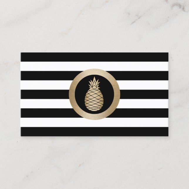 Gold Tropical Pineapple Modern Black White Stripes Business Card (Front)