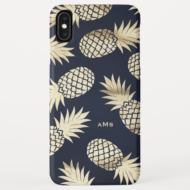 Gold Tropical Pineapples Pattern Blue Monogram Case-Mate iPhone Case (Back)
