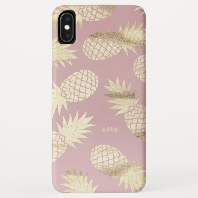 Gold Tropical Pineapples Pattern Pink Monogram Case-Mate iPhone Case (Back)