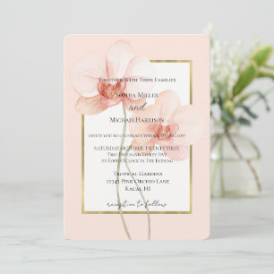 Gold Tropical Pink Orchid Flowers Wedding Invitation