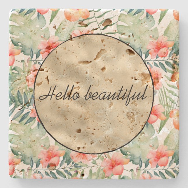 Gold Tropical Pink Peach Hibiscus Floral  Stone Coaster (Front)