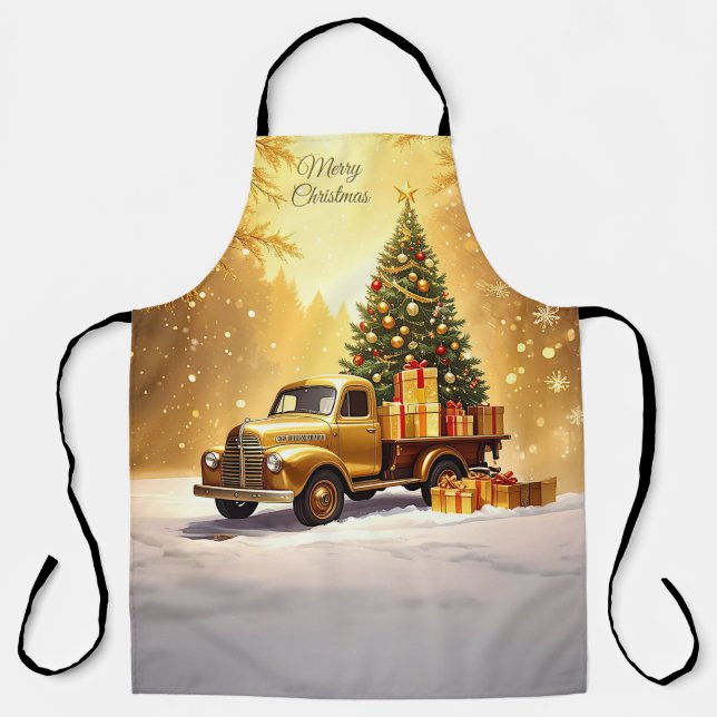 Gold Truck Christmas Tree Holiday Apron (Front)