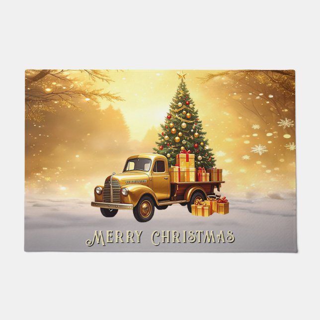 Gold Truck Christmas Tree Holiday Doormat (Front)