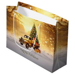 Gold Truck Christmas Tree Holiday Gift Bag