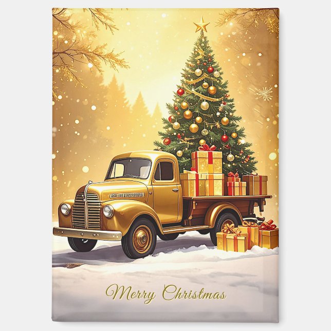 Gold Truck Christmas Tree Holiday Magnet (Front)