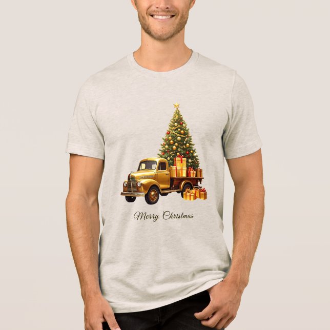 Gold Truck Christmas Tree Holiday Men's T-Shirt Tri-Blend Shirt (Front)