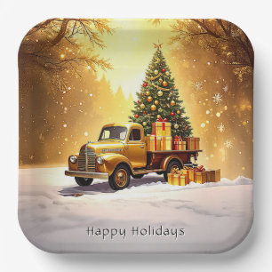 Gold Truck Christmas Tree Holiday Paper Plate