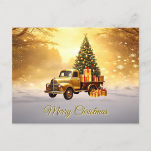 Gold Truck Christmas Tree Holiday Postcard