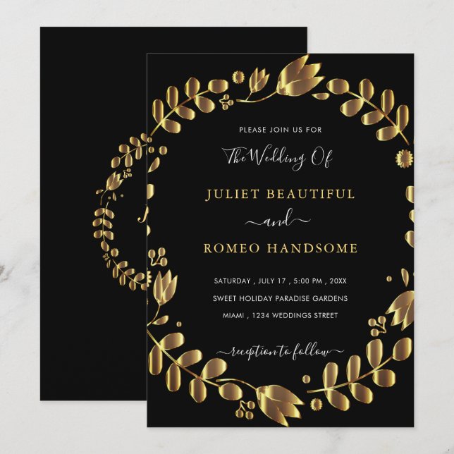 Gold Tulip Black Wedding Invitation Card (Front/Back)