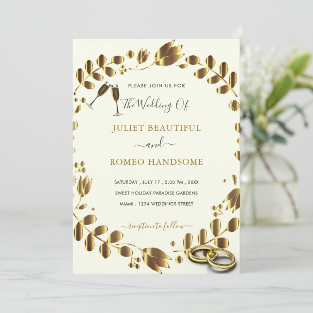 Gold Tulips Framed Wedding Invitation with Rings (Standing Front)