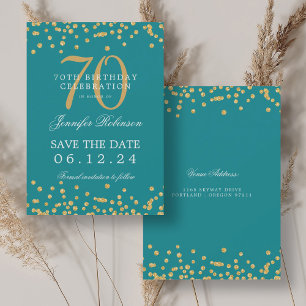 Gold Turquoise 70th Birthday Save Date Confetti Invitation
