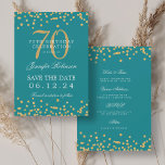 Gold Turquoise 70th Birthday Save the Date Details Invitation<br><div class="desc">Elegant "70th Birthday Party" design with faux glitter confetti & details text. Easy to use and easy to personalise. Order Today!</div>