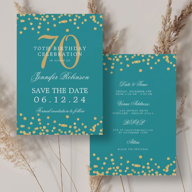 Gold Turquoise 70th Birthday Save the Date Details Invitation (Gold Turquoise 70th Birthday Save the Date Details Invitation)
