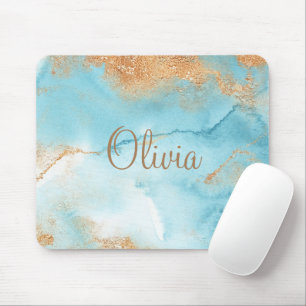 Gold Turquoise Abstract Name Modern Elegant Mouse Mat