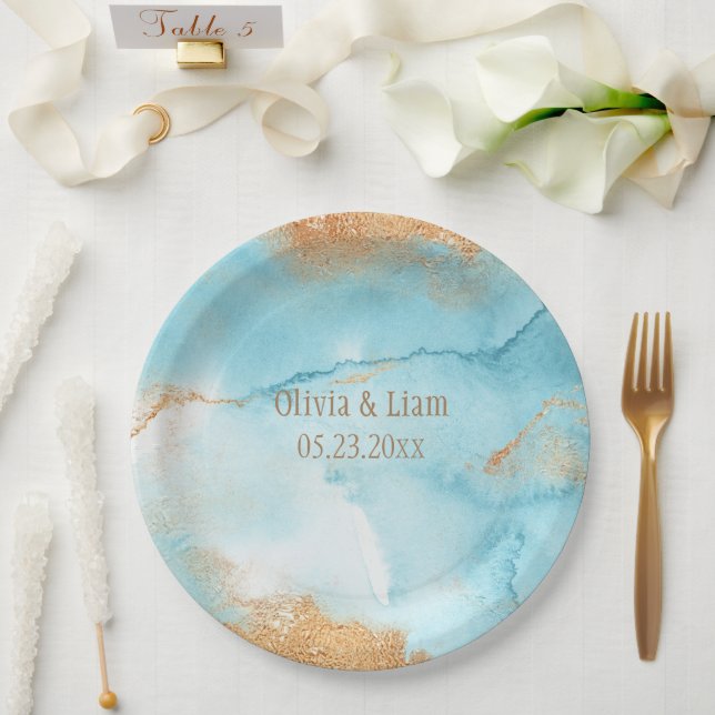 Gold Turquoise Abstract Name Modern Wedding Paper Plate (Wedding)