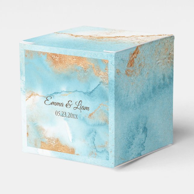 Gold Turquoise Abstract Name Script Modern Wedding Favour Box (Front Side)