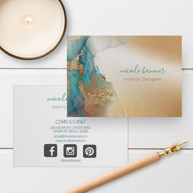 Gold Turquoise Abstract Watercolor Business Card (Creator Uploaded)