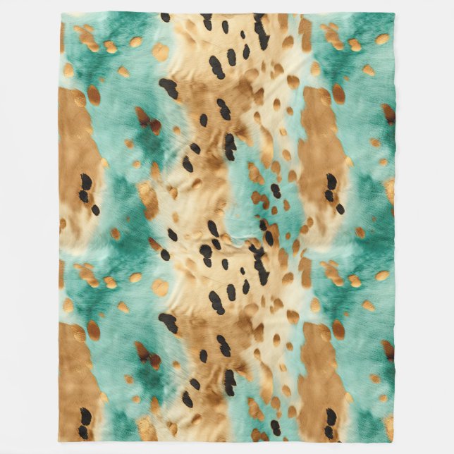 Gold Turquoise Black Animal Print Fleece Blanket (Front)