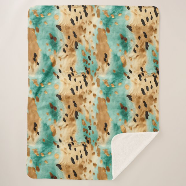 Gold Turquoise Black Animal Print Sherpa Blanket (Front)