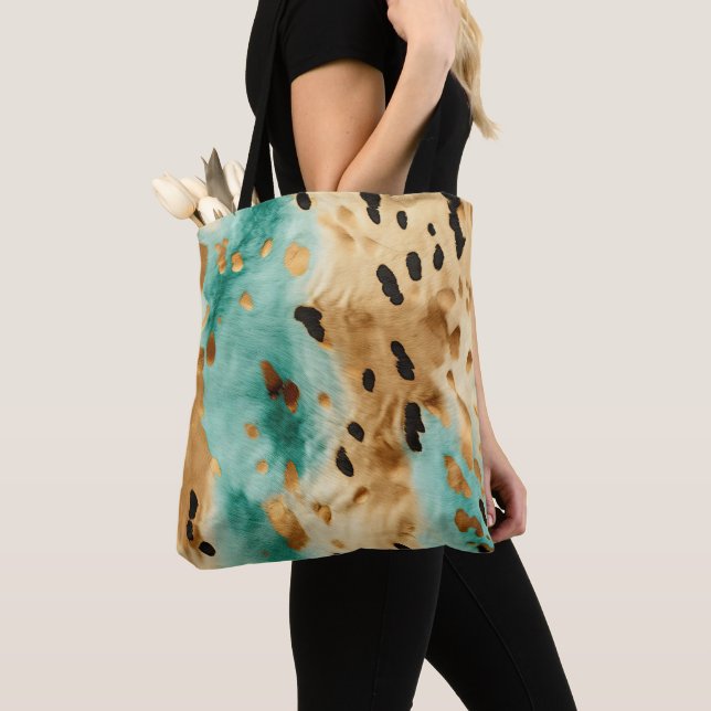 Gold Turquoise Black Animal Print Tote Bag (Close Up)