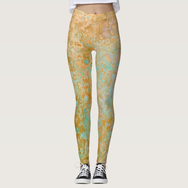 Gold & Turquoise Blue Patina Alcohol Ink Abstract Leggings (Front)