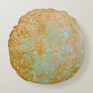 Gold & Turquoise Blue Patina Alcohol Ink Abstract Round Cushion