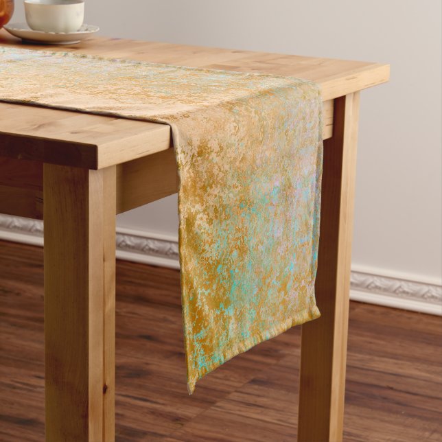 Gold & Turquoise Blue Patina Alcohol Ink Abstract Short Table Runner (In Situ)