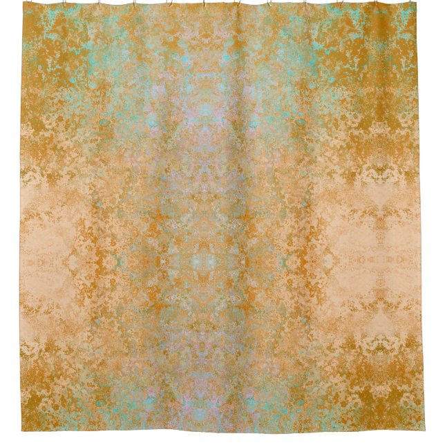 Gold & Turquoise Blue Patina Alcohol Ink Abstract Shower Curtain (Front)