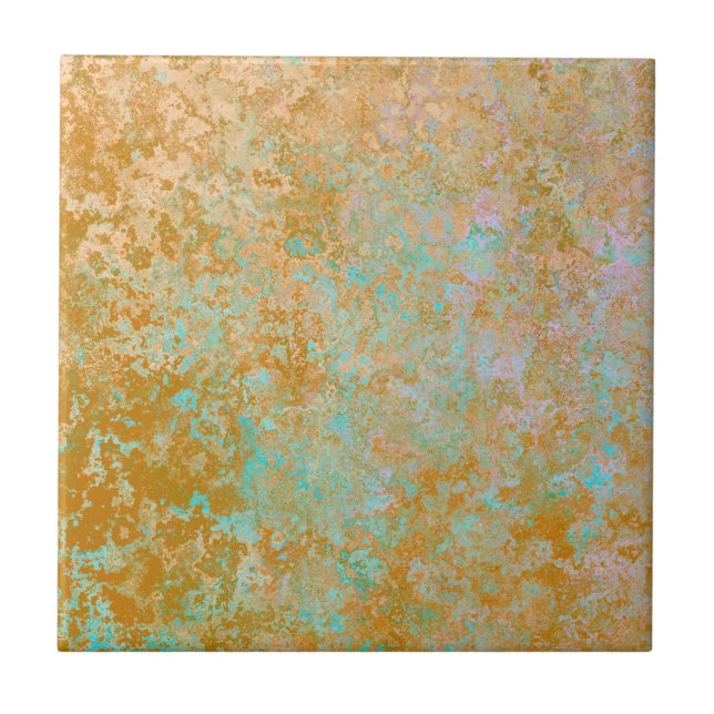 Gold & Turquoise Blue Patina Alcohol Ink Abstract Tile (Front)