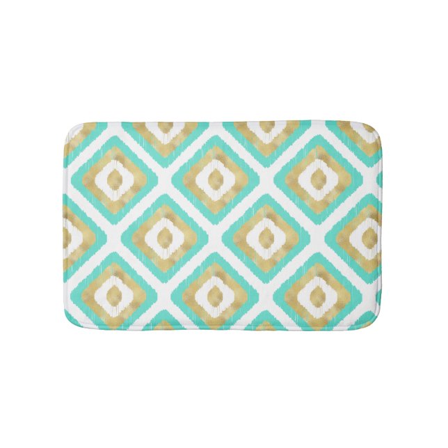 Gold & Turquoise Chic Ikat Pattern Bath Mat (Front)